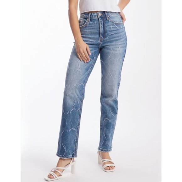 ZARA Medium Wash Heart Distressed High Rise Straight Leg Jeans, Size 6/28 - Picture 12 of 15